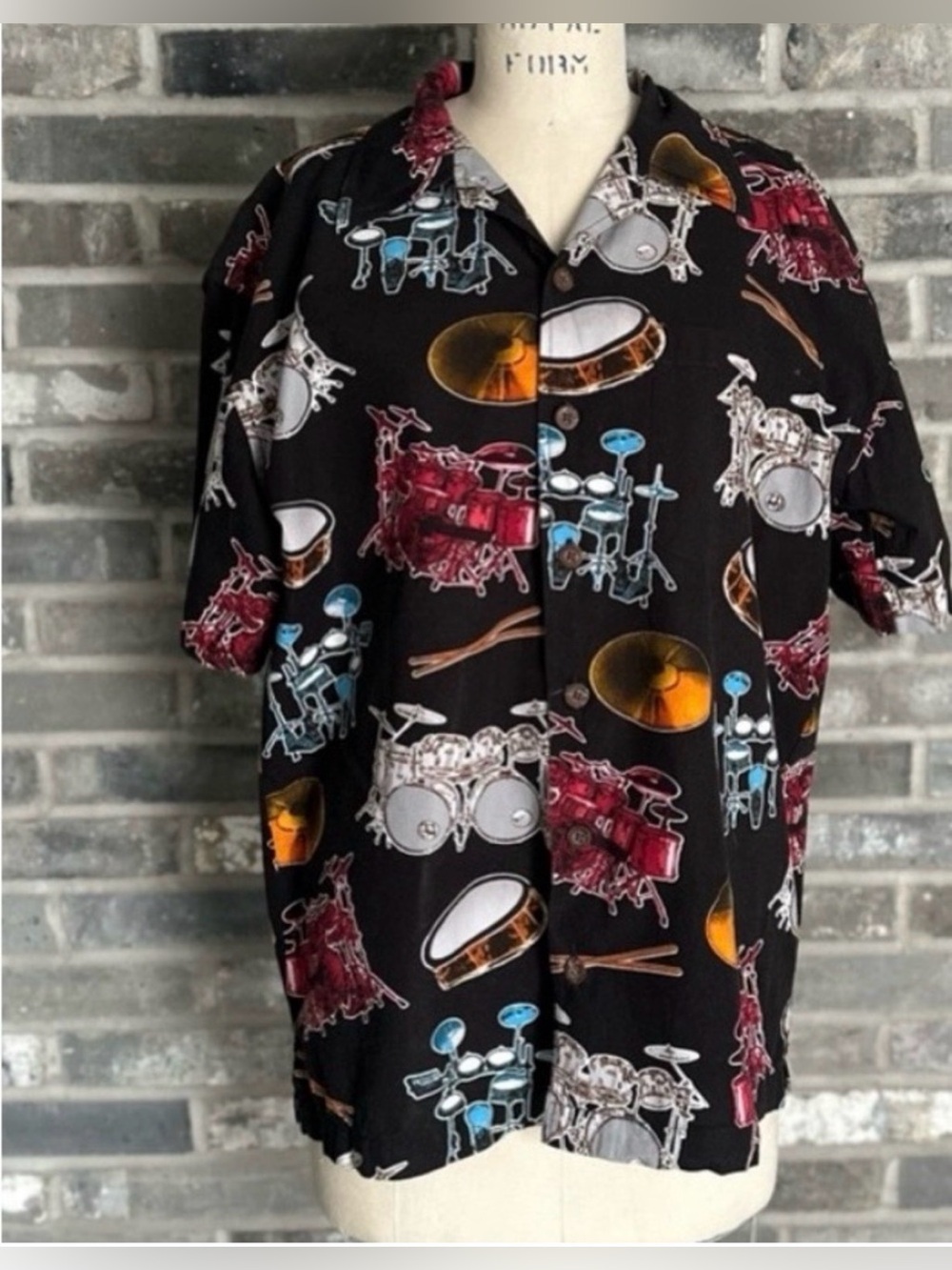 Y2K David Carey Drum Set Shirt Mens M All Over Print Music Rock Button Up